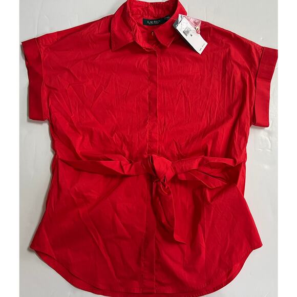 Lauren Ralph Lauren Tops - Lauren Ralph Lauren Deep Red Cotton Tie Front Shirt 200747474002 Size M NWT